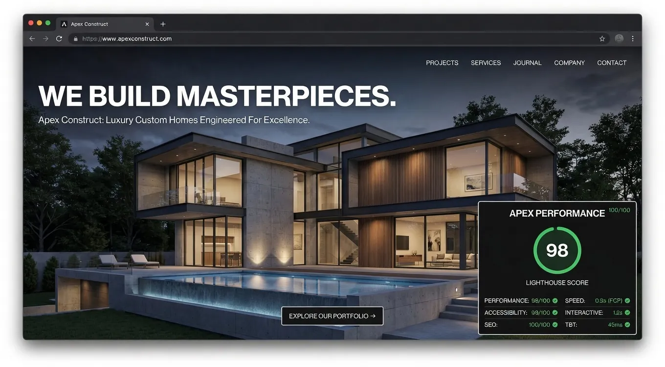 Redesigned construction company website — modern dark theme with Lighthouse score of 98