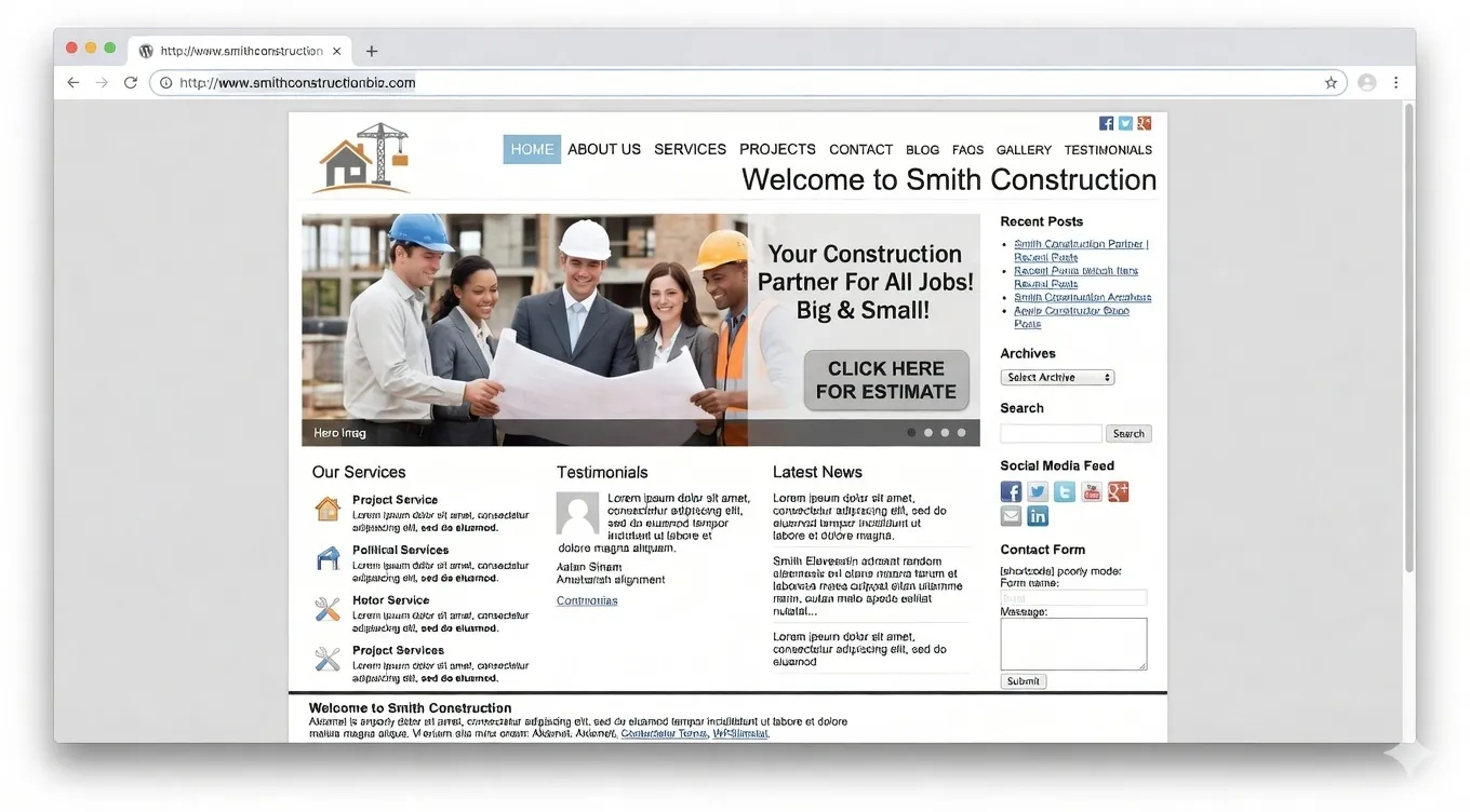 Old construction company website — cluttered WordPress layout with stock photos